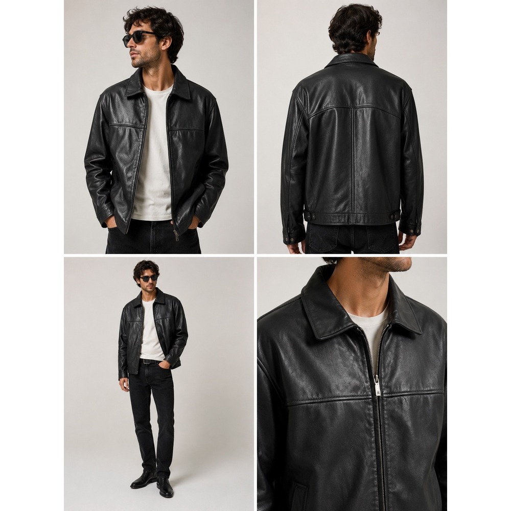 Claiborne Outerwear Men's Lambskin Leather Jacket Large Black Full Zip Quilted